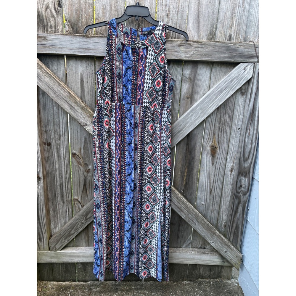 French Laundry Womens XL Blue Red Boho Geometric Paisley‎ Sleeveless Maxi Dress